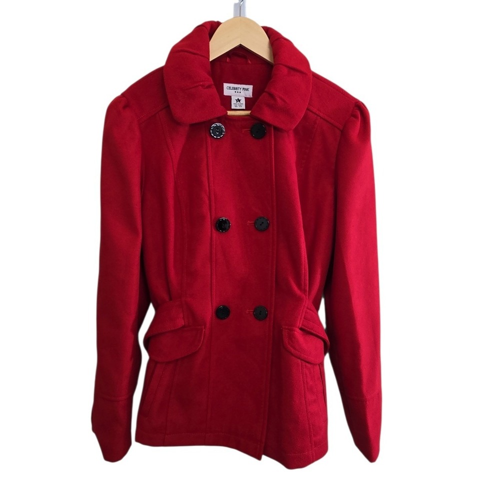 Celebrity Pink Women's Red Double Breasted Pea Coat Size Large Cozy Washable